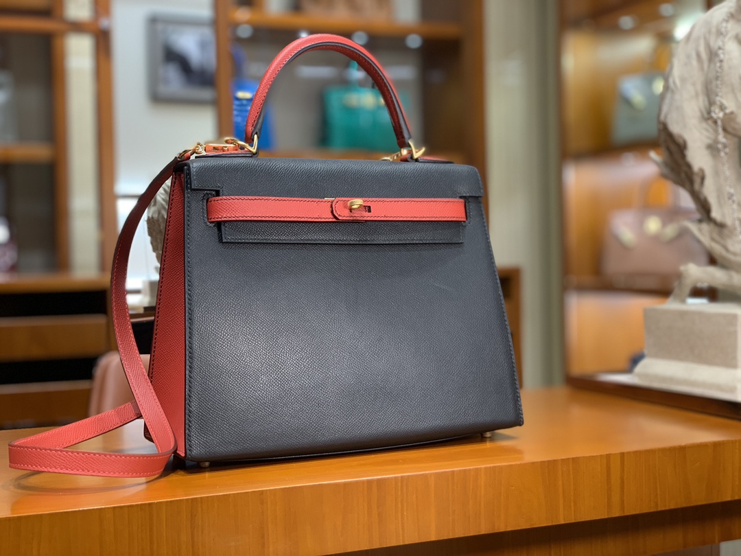 HERMES 爱马仕 Kelly 25 89 Nior 经典黑 S5 Rouge Tomate番茄红 进口蜜蜡线 全手工制作