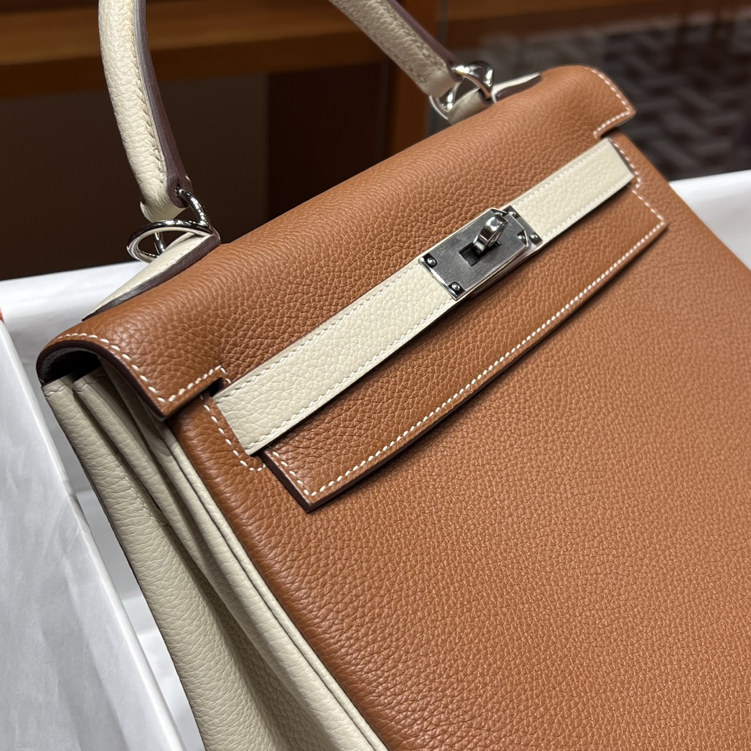 HERMES 爱马仕 Kelly 25 10 Craie 粉笔白 CK37 金棕色 进口蜜蜡线 全手工制作