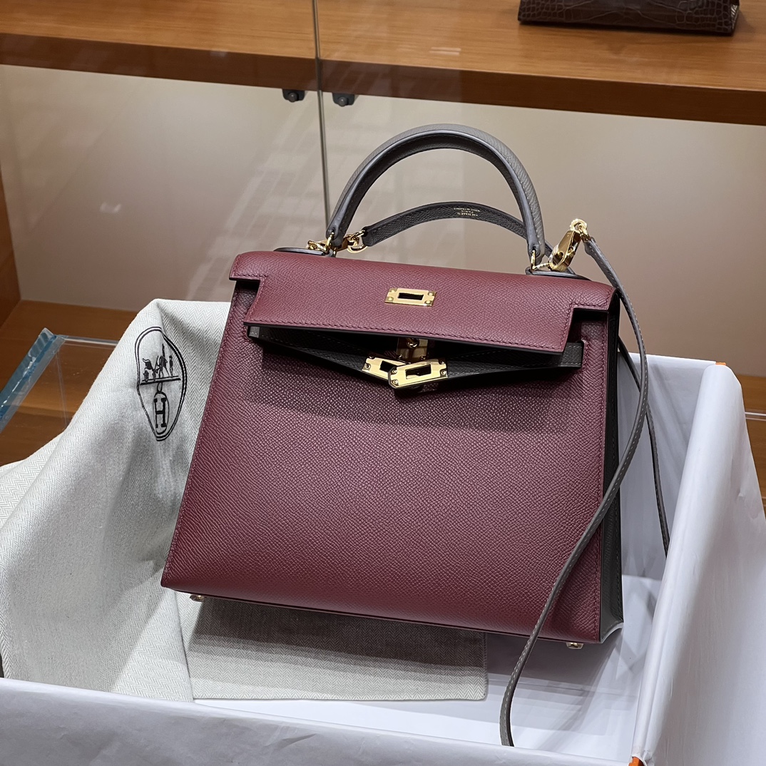 HERMES 爱马仕 Kelly 25 5E Vermillon朱砂红 8F Etain 锡器灰 进口蜜蜡线 全手工制作