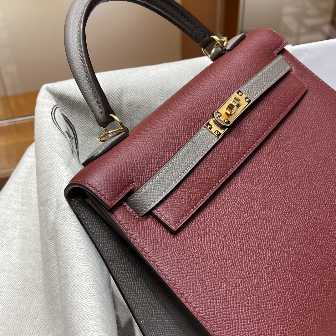 HERMES 爱马仕 Kelly 25 5E Vermillon朱砂红 8F Etain 锡器灰 进口蜜蜡线 全手工制作