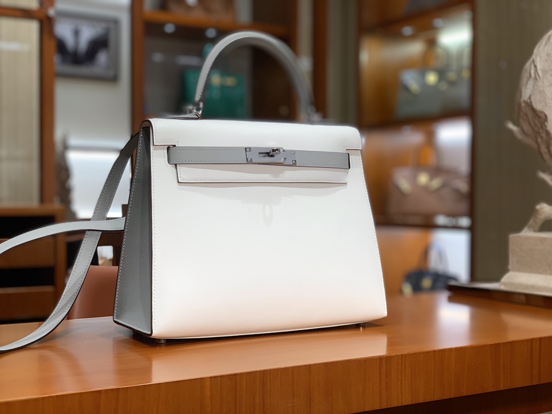 HERMES 爱马仕 Kelly 25 01 Blanc白色 8M Gris Paris 巴黎灰 进口蜜蜡线 全手工制作