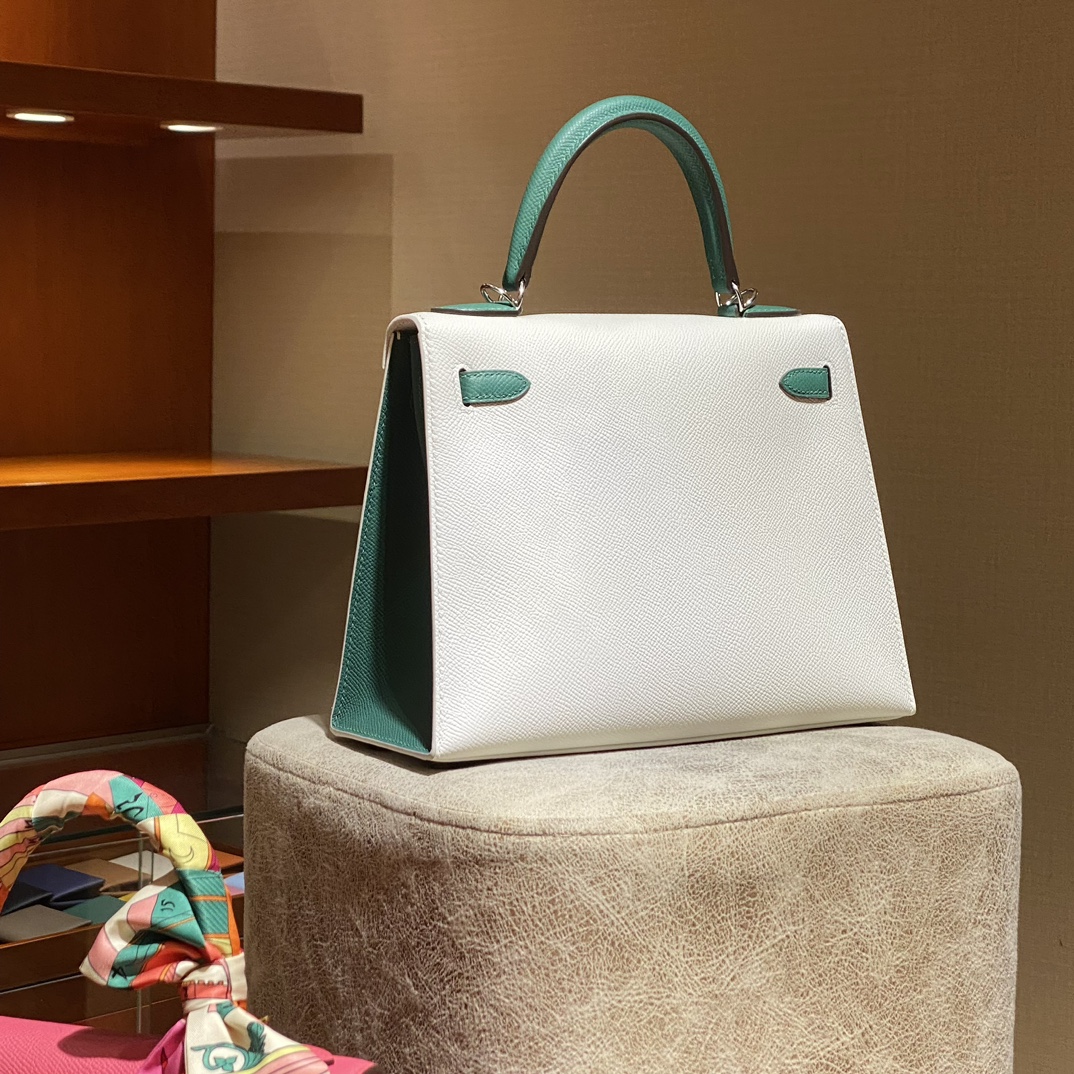 HERMES 爱马仕 Kelly 25 01 Blanc白色 Z6 Malachite孔雀绿 进口蜜蜡线 全手工制作