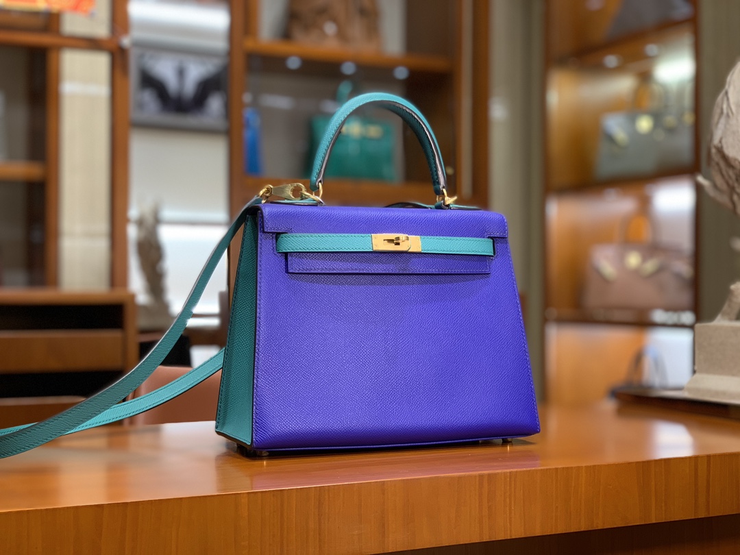HERMES 爱马仕 Kelly 25 9G Amethyste 水晶紫 Z6 Malachite孔雀绿 进口蜜蜡线 全手工制作