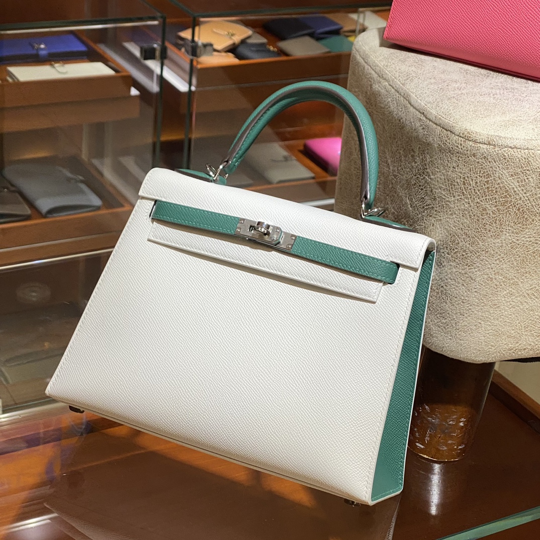 HERMES 爱马仕 Kelly 25 01 Blanc白色 Z6 Malachite孔雀绿 进口蜜蜡线 全手工制作
