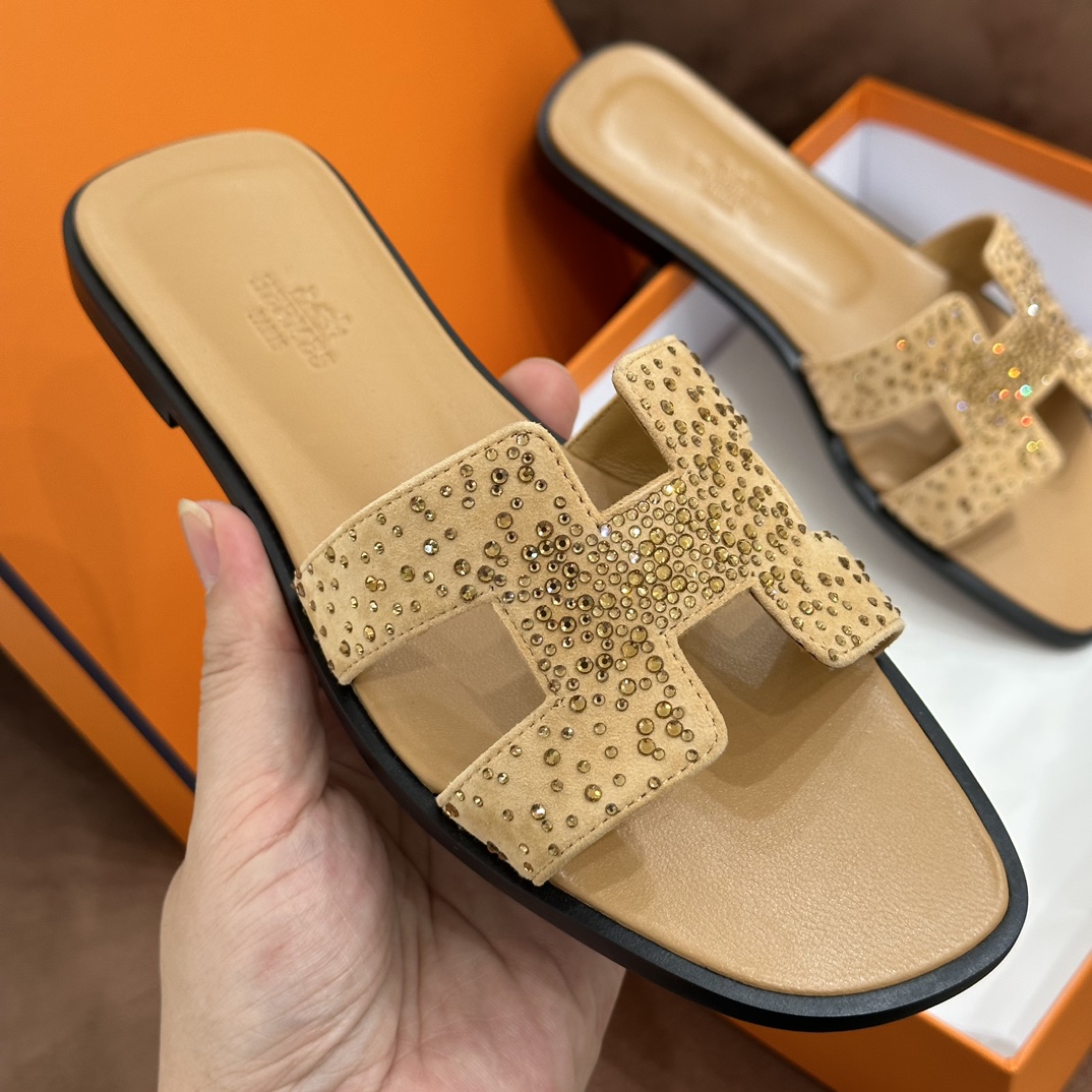 HERMES 爱马仕 最新款钻面H拖 34-41码 原厂同步 进口真皮大底 全手工制作 28 Caremel焦糖色