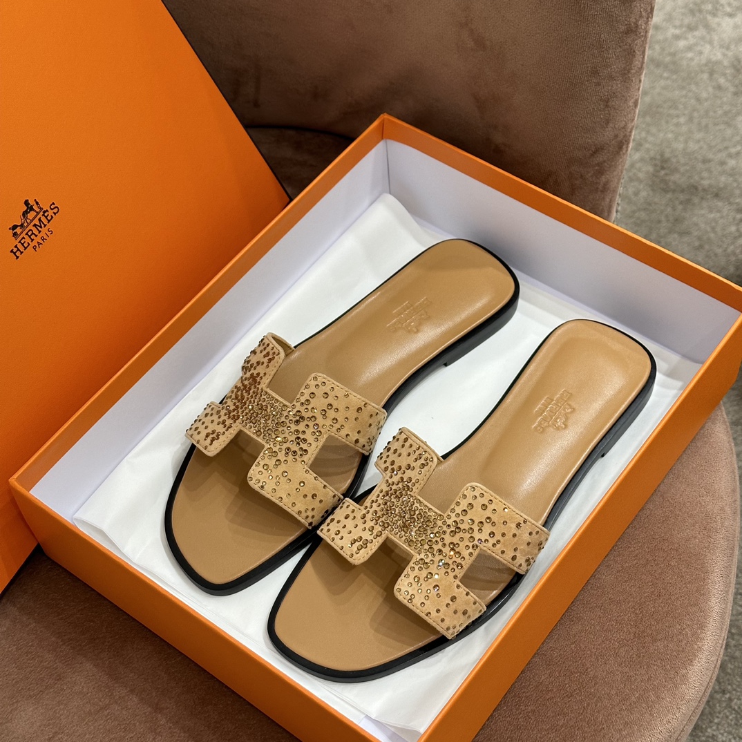 HERMES 爱马仕 最新款钻面H拖 34-41码 原厂同步 进口真皮大底 全手工制作 28 Caremel焦糖色