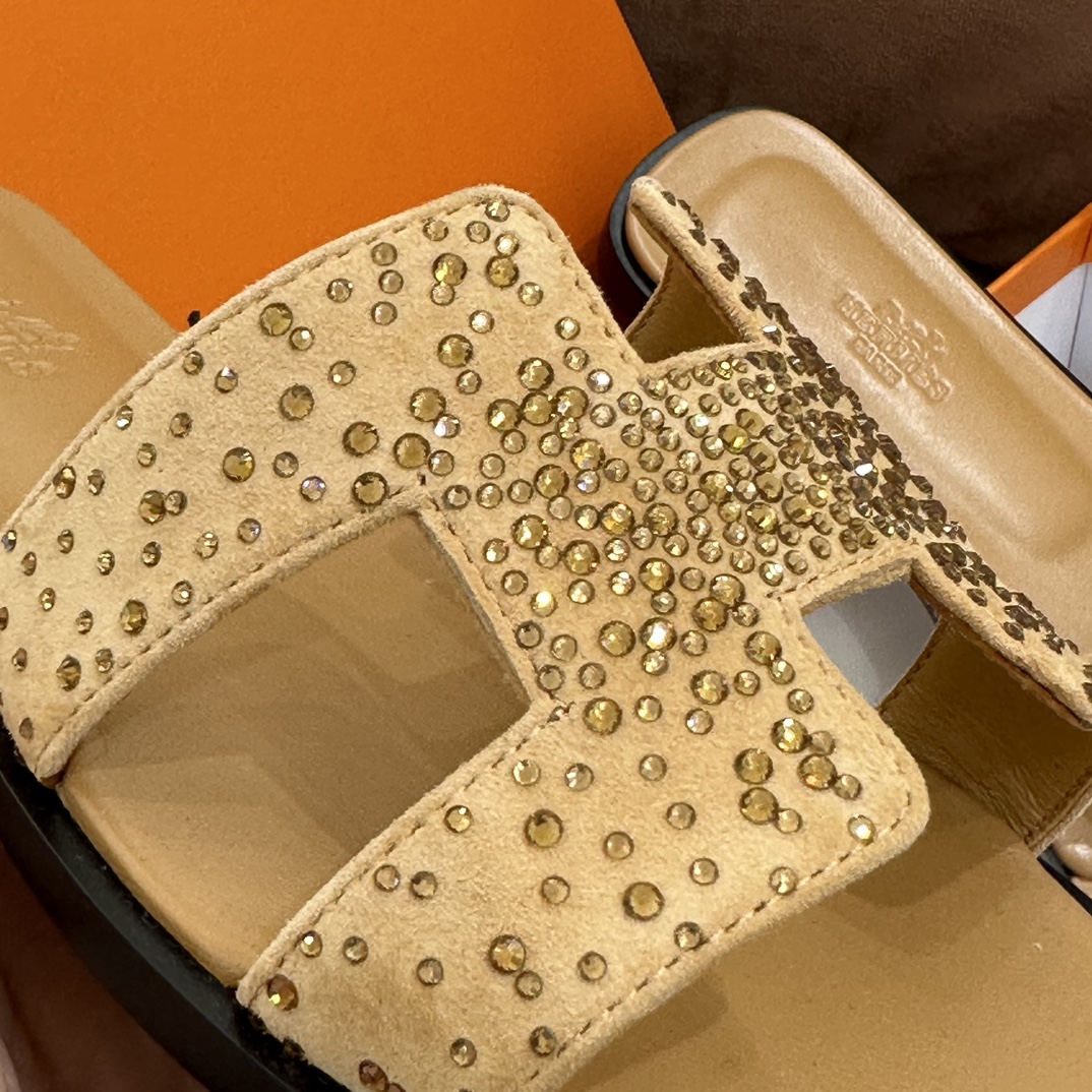 HERMES 爱马仕 最新款钻面H拖 34-41码 原厂同步 进口真皮大底 全手工制作 28 Caremel焦糖色