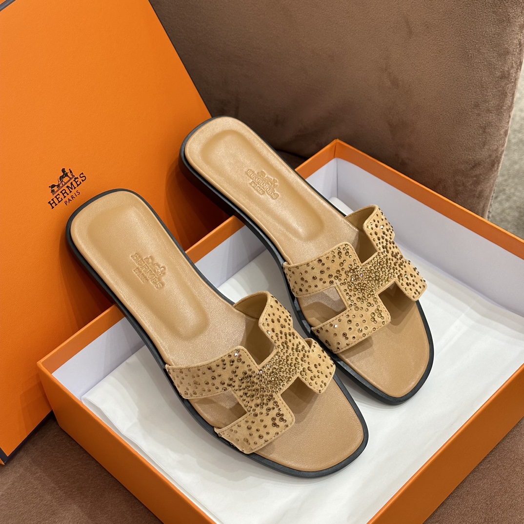 HERMES 爱马仕 最新款钻面H拖 34-41码 原厂同步 进口真皮大底 全手工制作 28 Caremel焦糖色