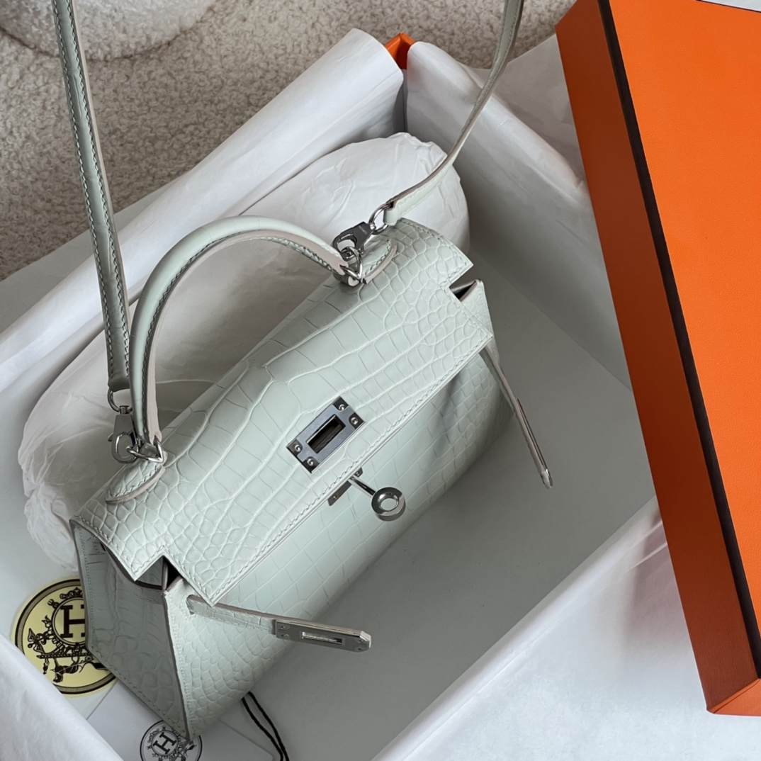 HERMES 爱马仕  MiniKelly 2 80 Gris Perle 珍珠灰 鳄鱼皮 进口蜜蜡线 全手工制作