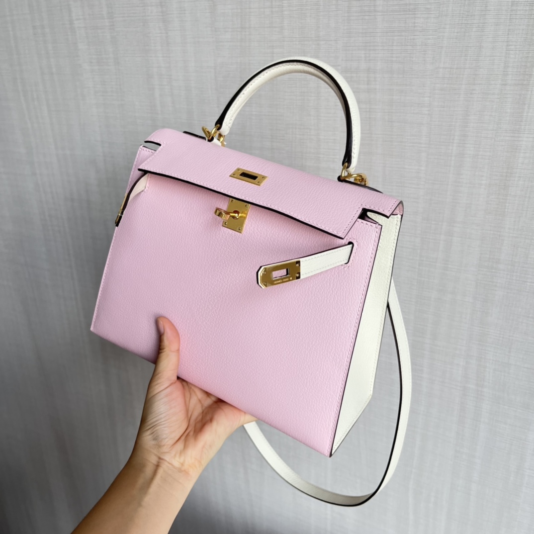 HERMES 爱马仕 MiniKelly 2 Swift 3Q Pink 樱花粉 10 Craie 奶昔白 进口蜜蜡线 全手工制作