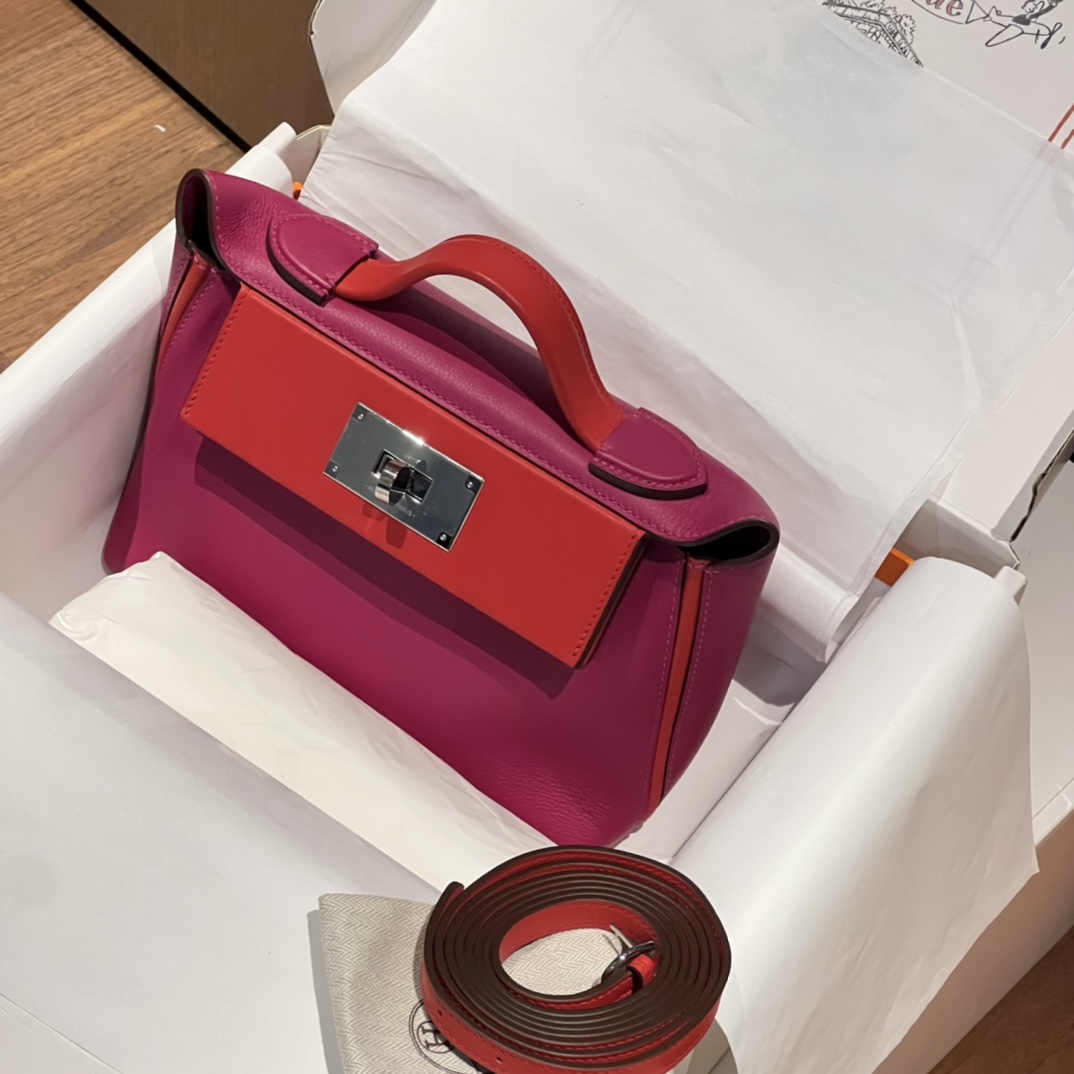 HERMES 爱马仕 【现货】 Kelly24/24 21CM 5J Fushsia悬铃花紫/桃红色 S5 Rouge Tomate爱心红 Evercolor拼Swift皮 现货 进口蜜蜡线 全手工制作 