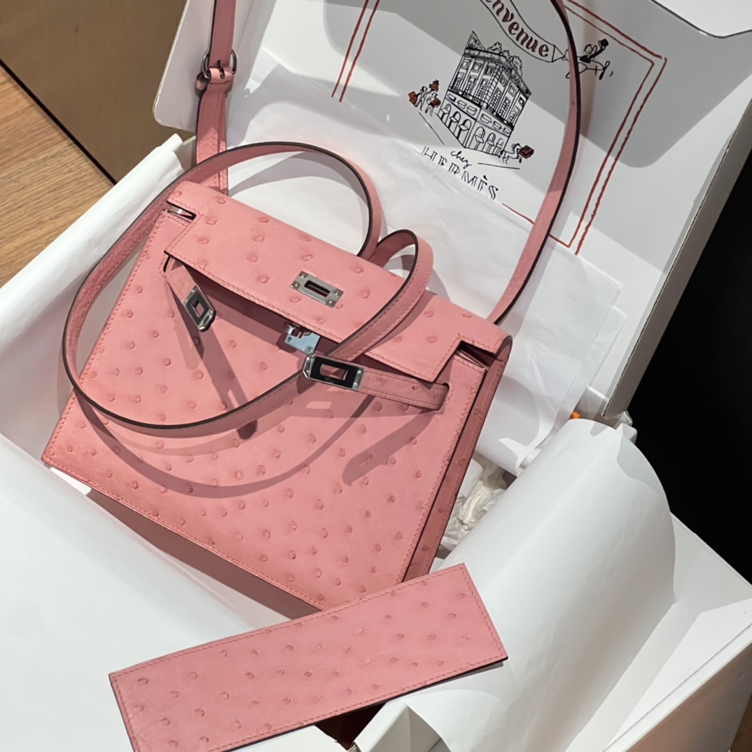 HERMES 爱马仕 Kellydanse 22cm Ostrich 鸵鸟皮 94 Terre Cuite 陶瓷粉 进口蜜蜡线 全手工制作