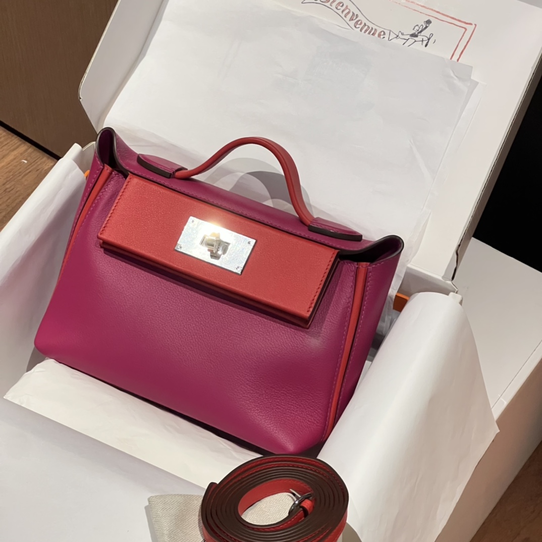 HERMES 爱马仕 【现货】 Kelly24/24 21CM 5J Fushsia悬铃花紫/桃红色 S5 Rouge Tomate爱心红 Evercolor拼Swift皮 现货 进口蜜蜡线 全手工制作 