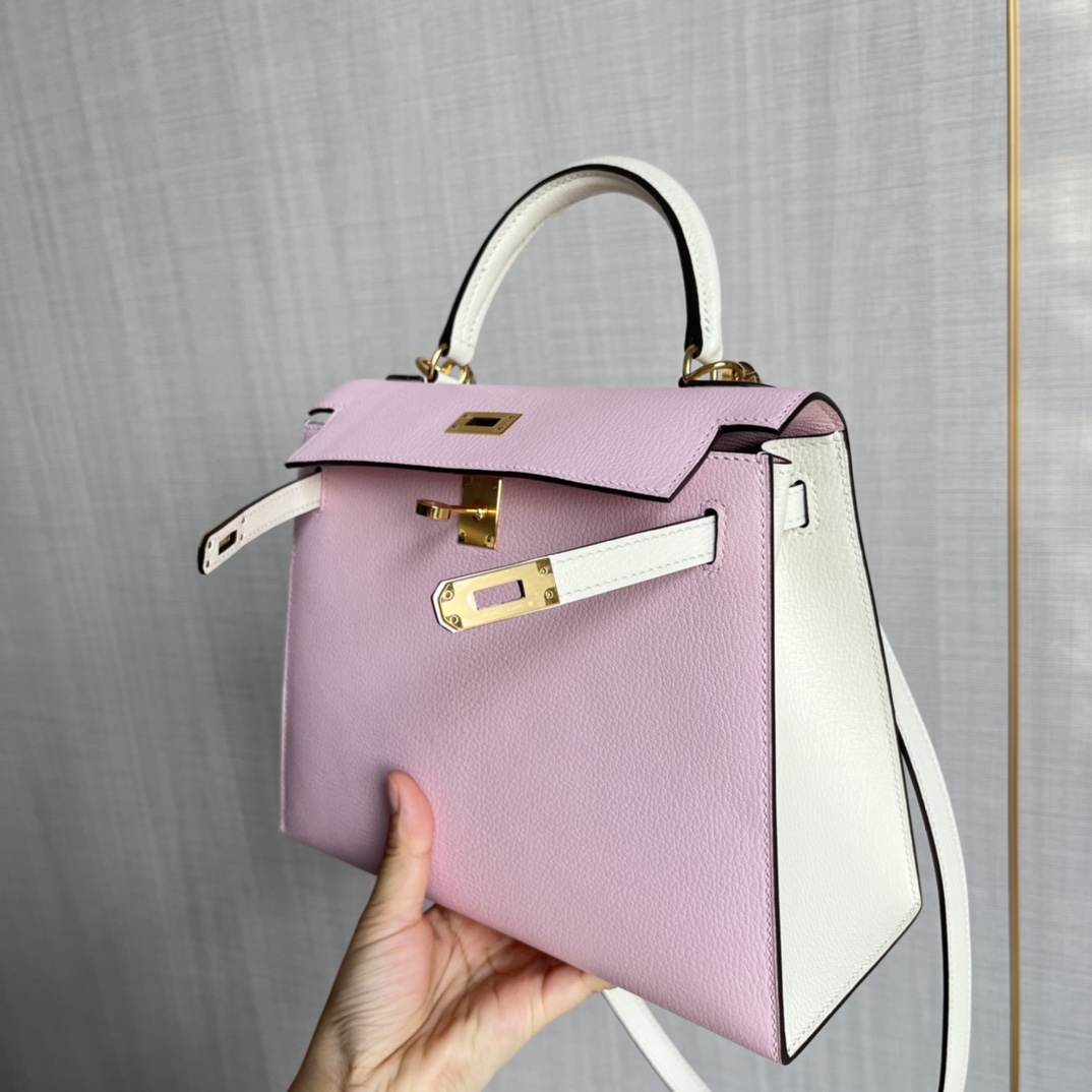 HERMES 爱马仕 MiniKelly 2 Swift 3Q Pink 樱花粉 10 Craie 奶昔白 进口蜜蜡线 全手工制作