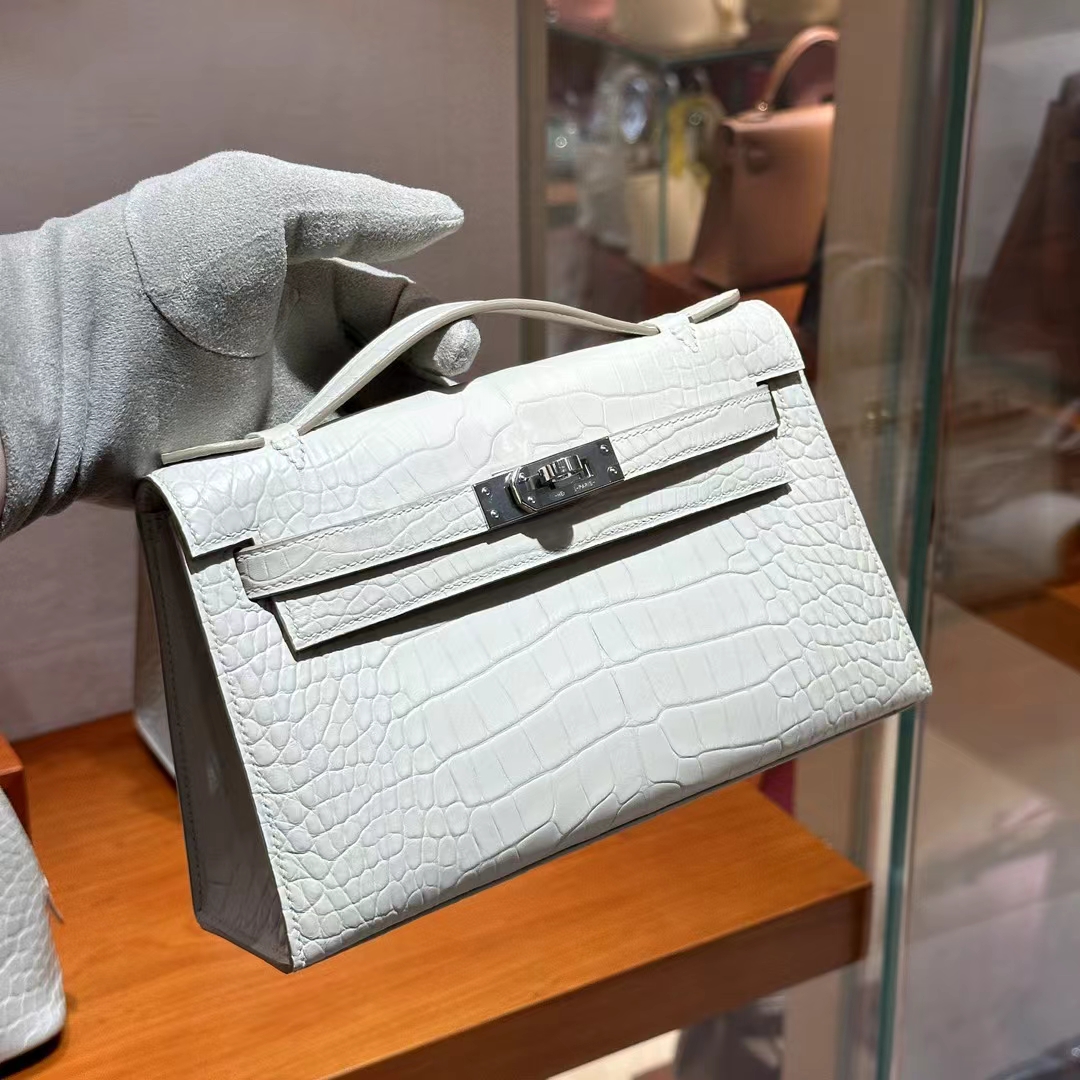 HERMES 爱马仕  MiniKelly 1 8L Beton 冰川白 鳄鱼皮 进口蜜蜡线 全手工制作