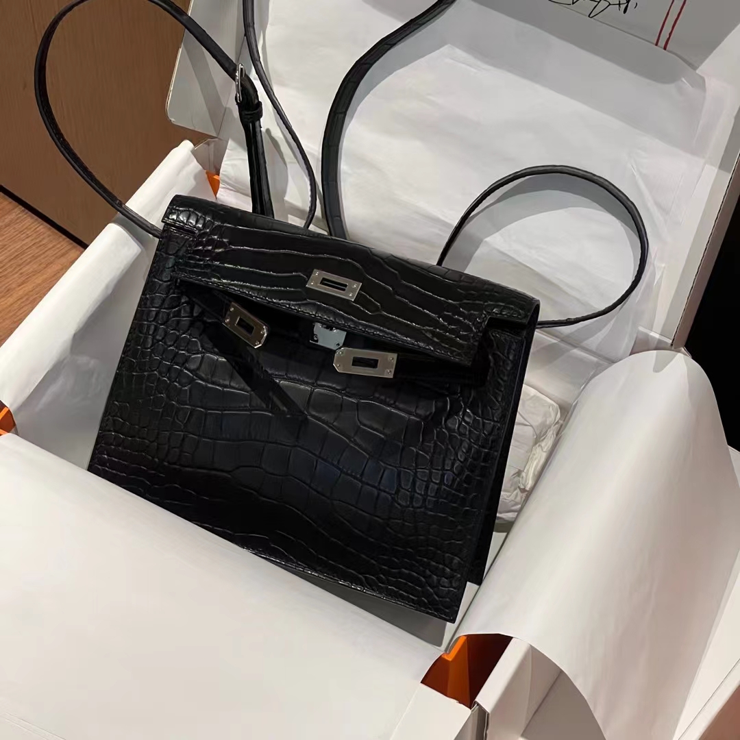 HERMES 爱马仕 Kellydanse 22cm Alligator 美洲鳄 89Nior 经典黑 进口蜜蜡线 全手工制作
