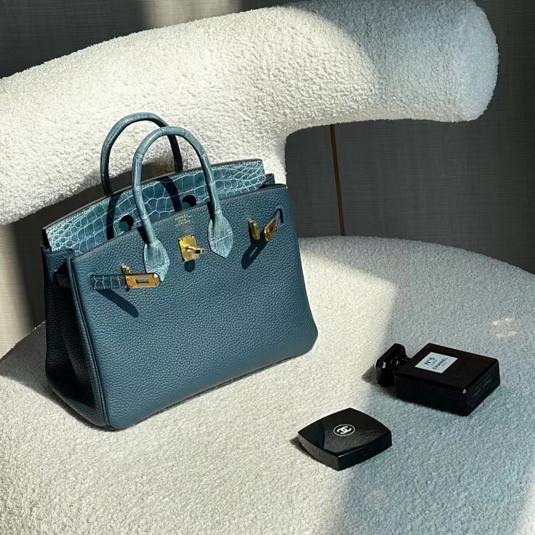 HERMES 爱马仕 Birkin 25cm 鳄鱼皮 75 Blue Jean 牛仔蓝 进口蜜蜡线 全手工制作