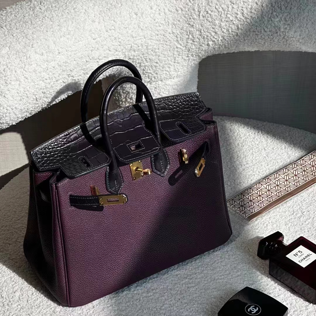 HERMES 爱马仕 Birkin 25cm 鳄鱼皮 89 Nior 黑色 9G Amethyste 水晶紫 进口蜜蜡线 全手工制作