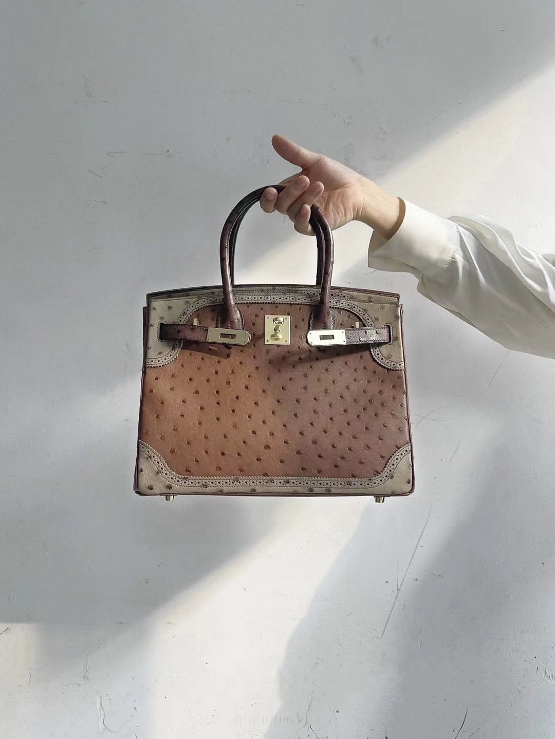HERMES 爱马仕 Birkin 25cm/30cm 大象灰 etoupe 拼 奶昔白 cc10 craie 鸵鸟皮 进口蜜蜡线 全手工制作
