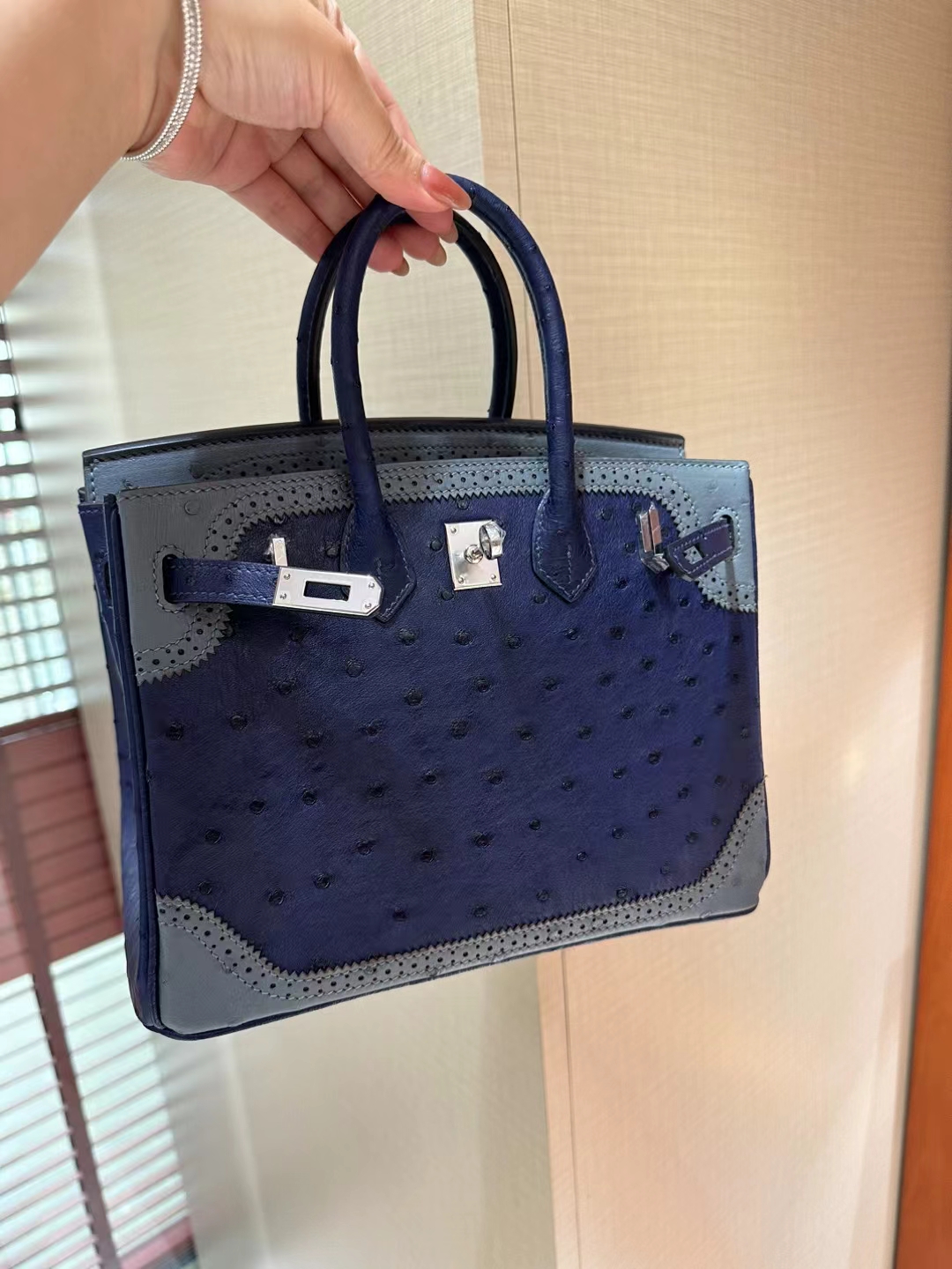 HERMES 爱马仕 Birkin 25cm/30cm 8L Beton 水泥灰 拼 73 Blue Saphir宝石蓝 鸵鸟皮 进口蜜蜡线 全手工制作