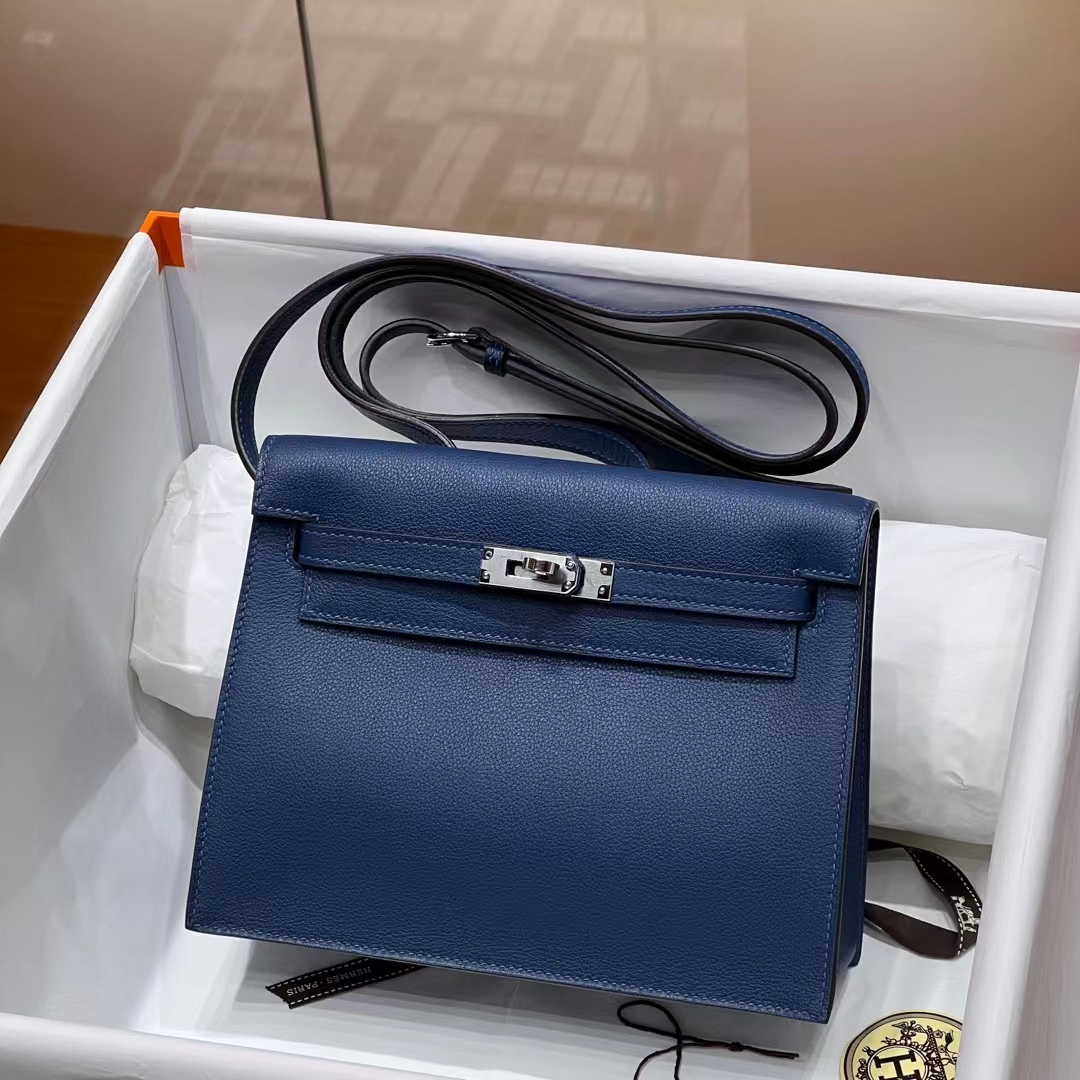 HERMES 爱马仕 Kellydanse 22cm Swift皮 N7 Bleu Tempete风暴蓝 进口蜜蜡线 全手工制作