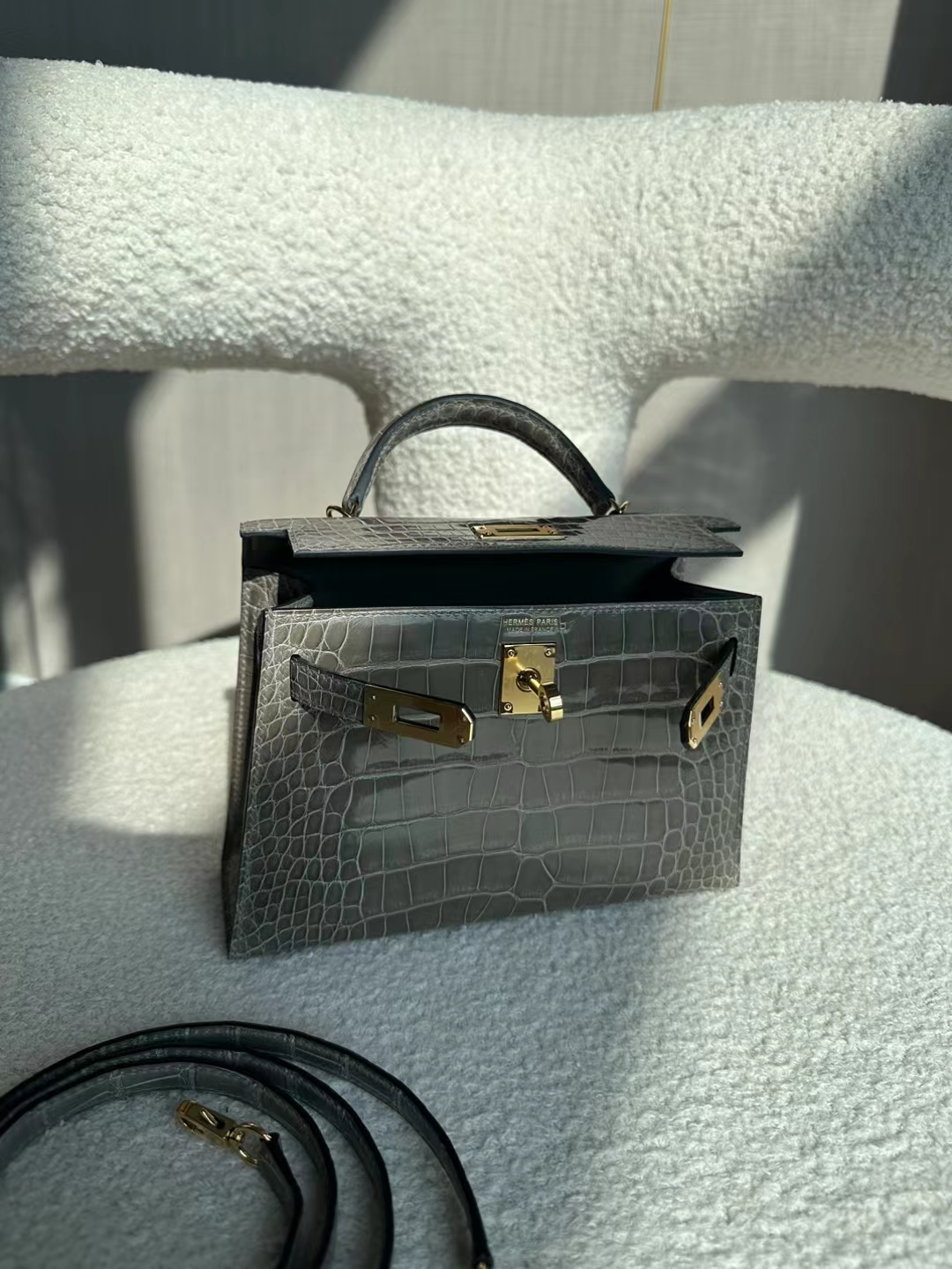 HERMES 爱马仕 MiniKelly 20CM Alligator 美洲鳄 8F Etain 锡器灰 进口蜜蜡线 全手工制作