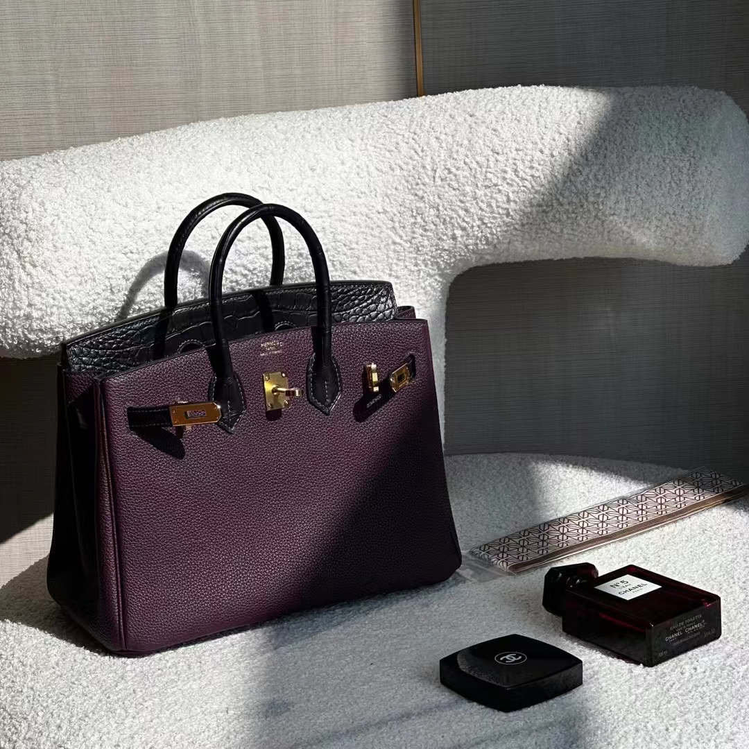 HERMES 爱马仕 Birkin 25cm 鳄鱼皮 89 Nior 黑色 9G Amethyste 水晶紫 进口蜜蜡线 全手工制作