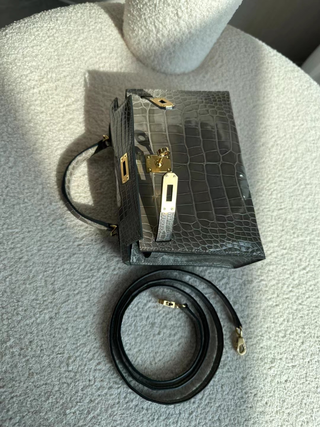 HERMES 爱马仕 MiniKelly 20CM Alligator 美洲鳄 8F Etain 锡器灰 进口蜜蜡线 全手工制作