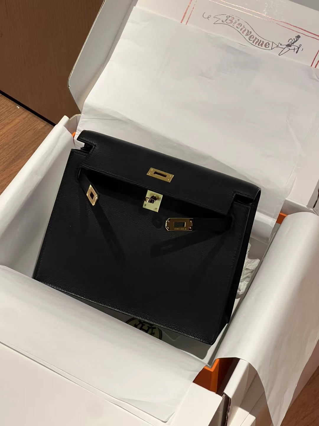 HERMES 爱马仕 Kellydanse 22cm Swift皮 89 Nior 经典黑 进口蜜蜡线 全手工制作