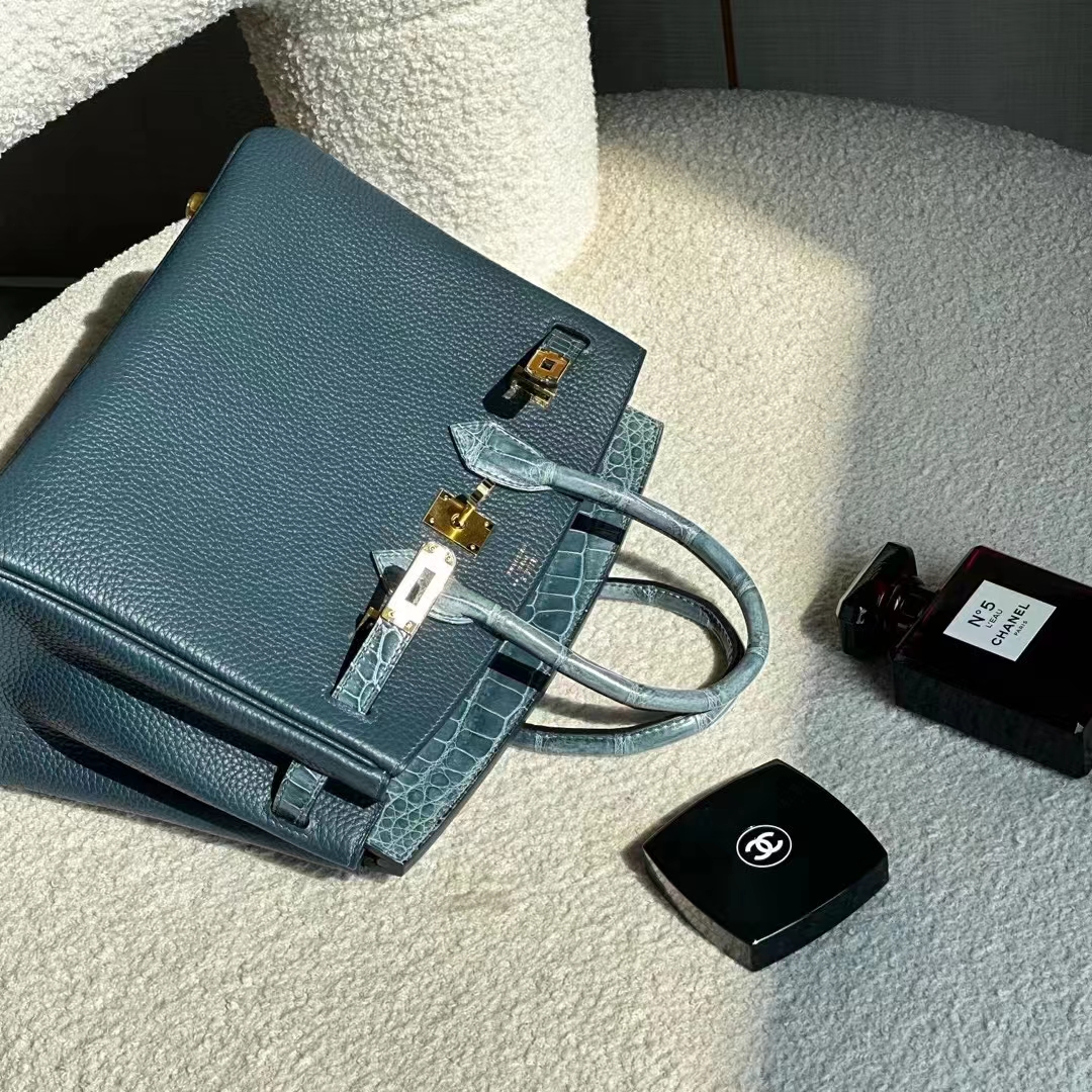 HERMES 爱马仕 Birkin 25cm 鳄鱼皮 75 Blue Jean 牛仔蓝 进口蜜蜡线 全手工制作