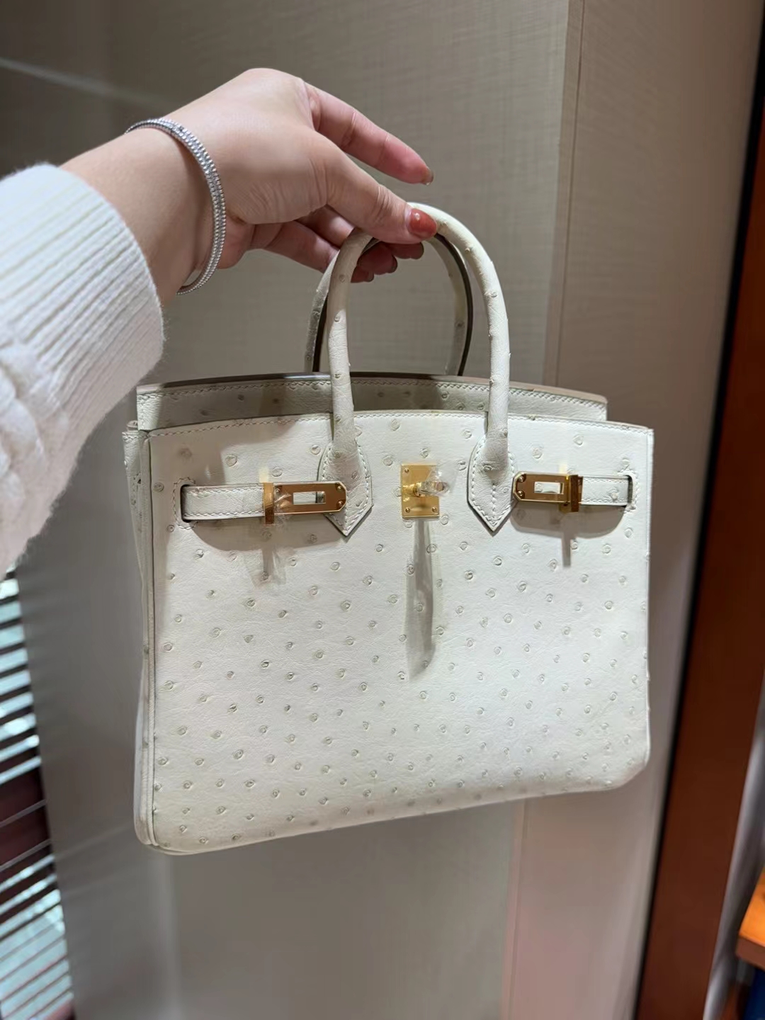 HERMES 爱马仕 Birkin 25cm 10 Craie粉笔白 鸵鸟皮 进口蜜蜡线 全手工制作