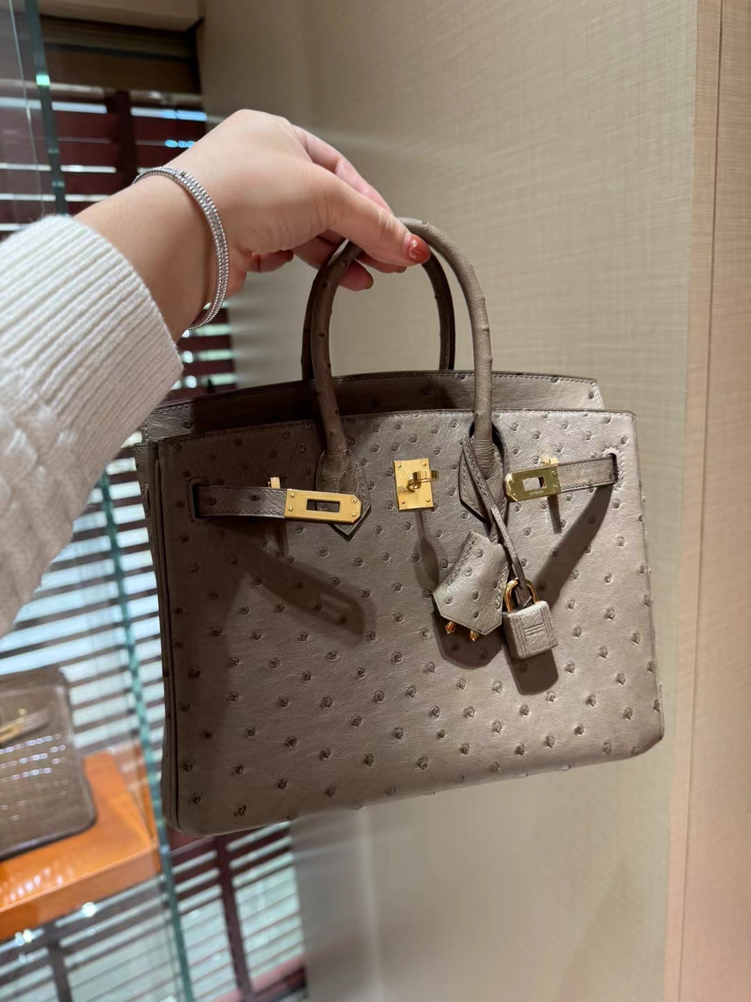 HERMES 爱马仕 Birkin 25cm 8C Gri Elephant 大象灰 鸵鸟皮 进口蜜蜡线 全手工制作