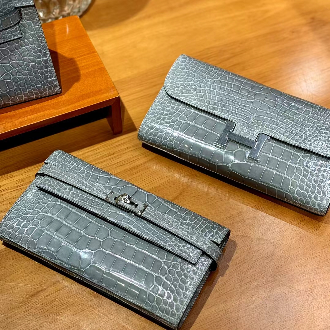 HERMES 爱马仕 Kelly 钱包 8F Etain 锡器灰 鳄鱼皮 进口蜜蜡线 全手工制作-铂金女王 HERMES 爱马仕 Kelly 钱包 8F Etain 锡器灰 鳄鱼皮 进口蜜蜡线 全手工制作