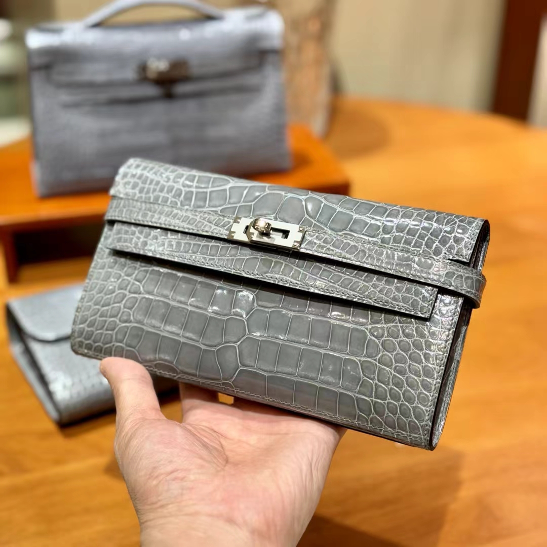 HERMES 爱马仕 Kelly 钱包 8F Etain 锡器灰 鳄鱼皮 进口蜜蜡线 全手工制作